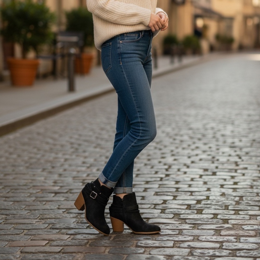 Sugar Black Ankle Boots with Brown Heel